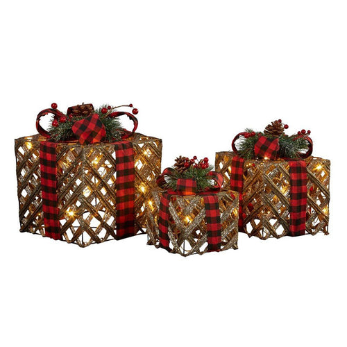 25cm Rattan LED Christmas Gift Boxes Set-3