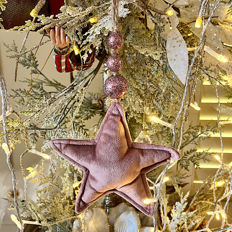 15cm Pink Velvet Star Hanger W/Beads