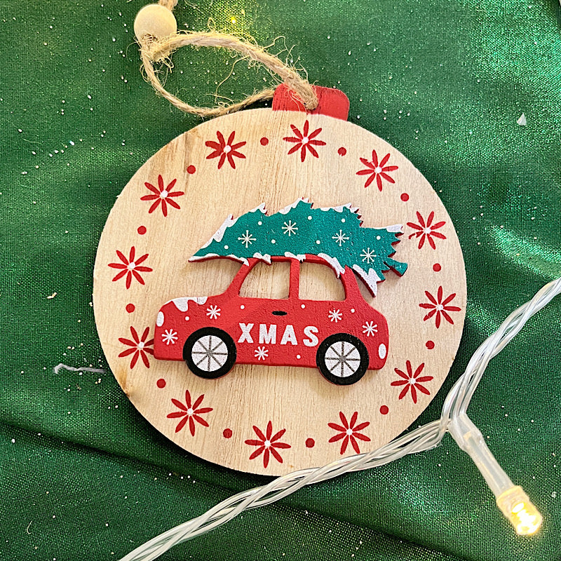 Santa/Car/Deer Hang Wood 8x10cm Red 3As