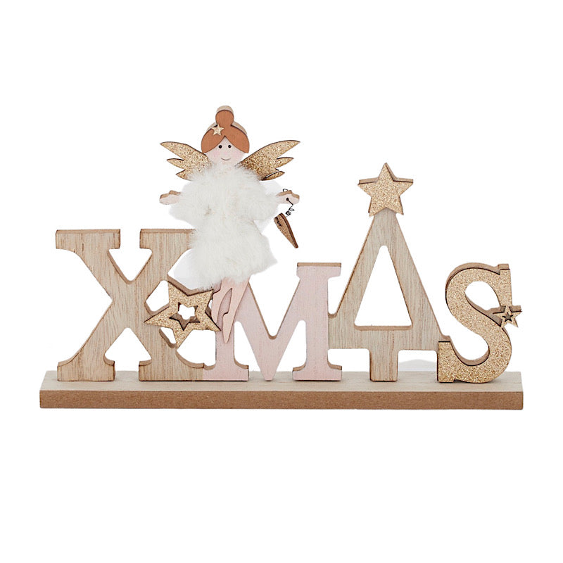 Xmas Angel Deco Wood Natural Pink