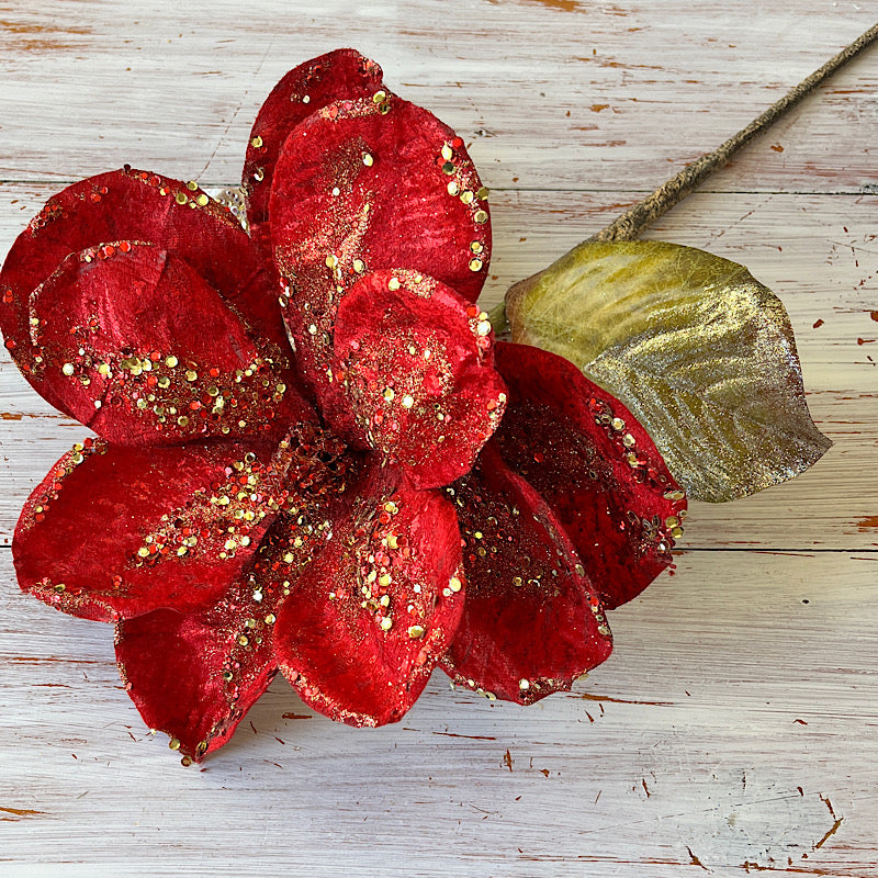 Red Glitter Magnolia Stem